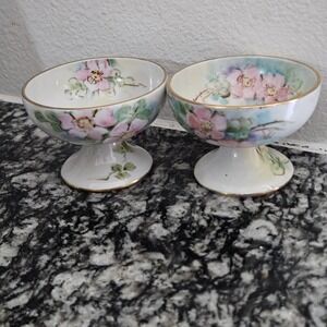 handpainted porcelain footed compote  bowl set of‎ Floral gold accents